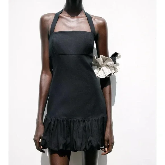 NWT Zara Linen Drop Waist Halter Neck Bubble Hem Mini Dress in Black - M - Picture 2 of 8
